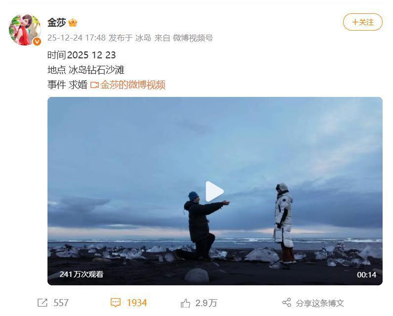 42岁金莎被小17岁男友孙丞潇在冰岛求婚，单膝跪地抱在一起超甜！插图1